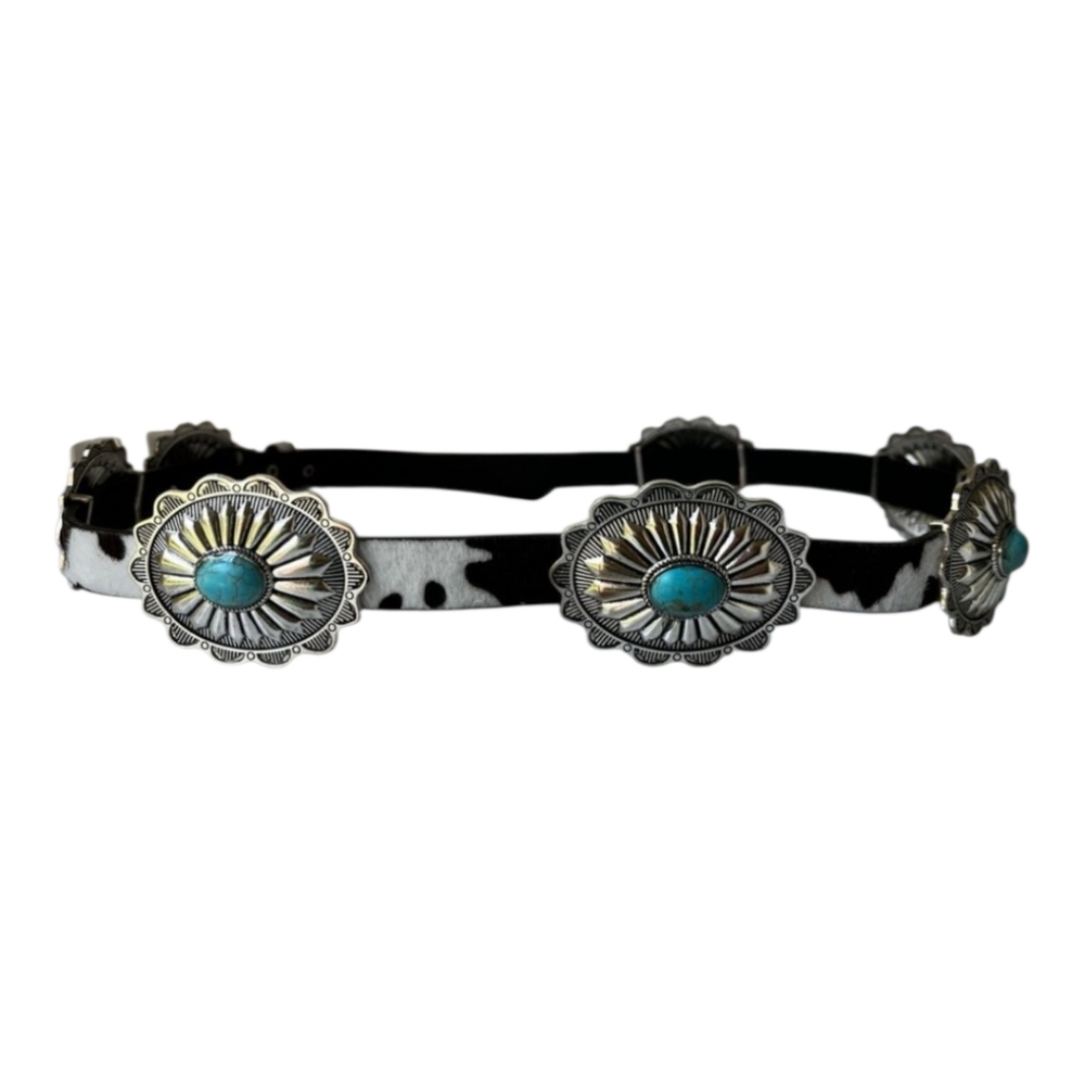 Haute Hippie Cow Print Silver and Turquoise Chain Concho Belt New - Picture 2 of 8